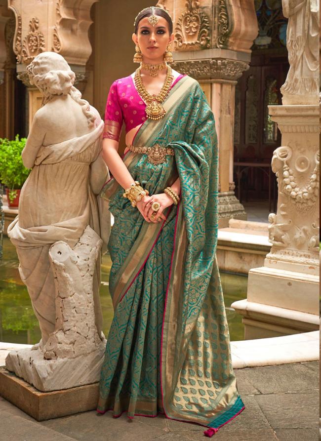 Silk Teal Wedding Wear Weaving Saree